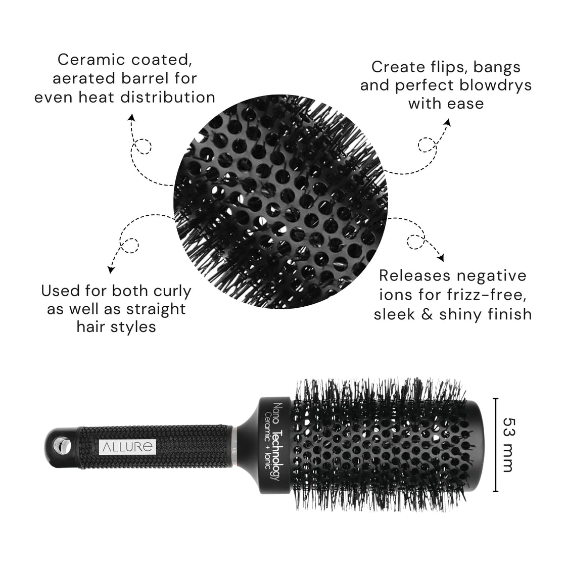 Allure Round Ceremic Premium Hair Brush 53 mm For Hair Styling