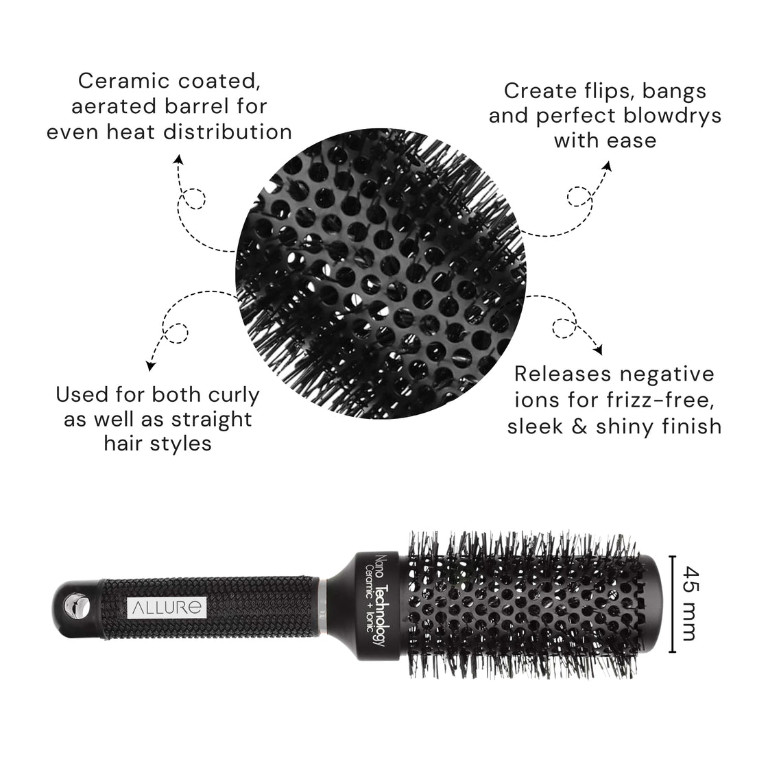 Allure Round Ceremic Premium Hair Brush 45 mm For Hair Styling