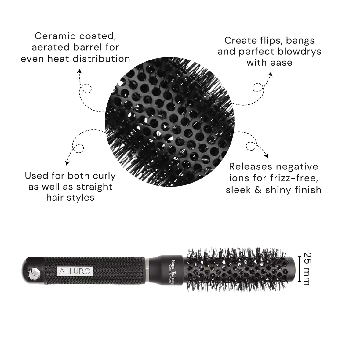 Allure Round Ceremic Premium Hair Brush 25 mm For Hair Styling