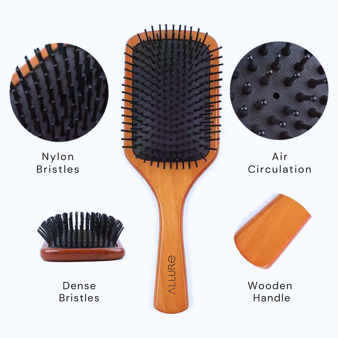 Allure Nylon Bristles Wooden Detangling Hair Brush Large